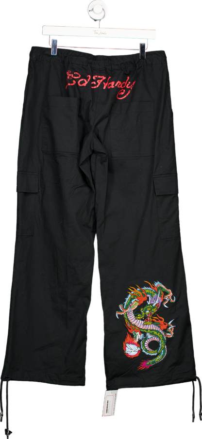 Ed Hardy Black Embroidered dragon Drawstring Cargo Trousers L