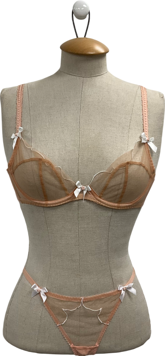 Agent Provocateur Plunge Underwired Bra & Pink Thong With Bows UK 32C
