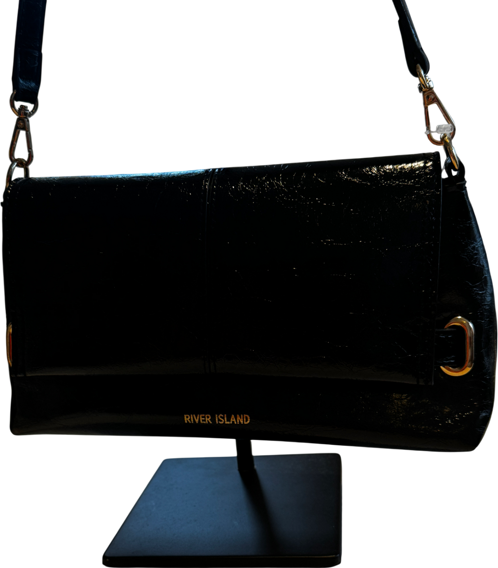 River Island Black Patent Shoulder Bag With Gold Hardware