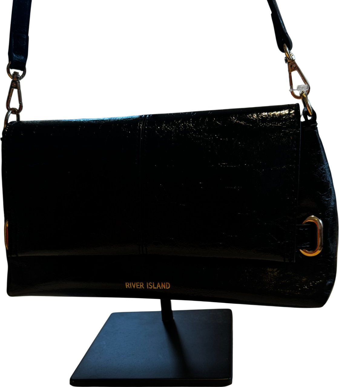 River Island Black Patent Shoulder Bag With Gold Hardware