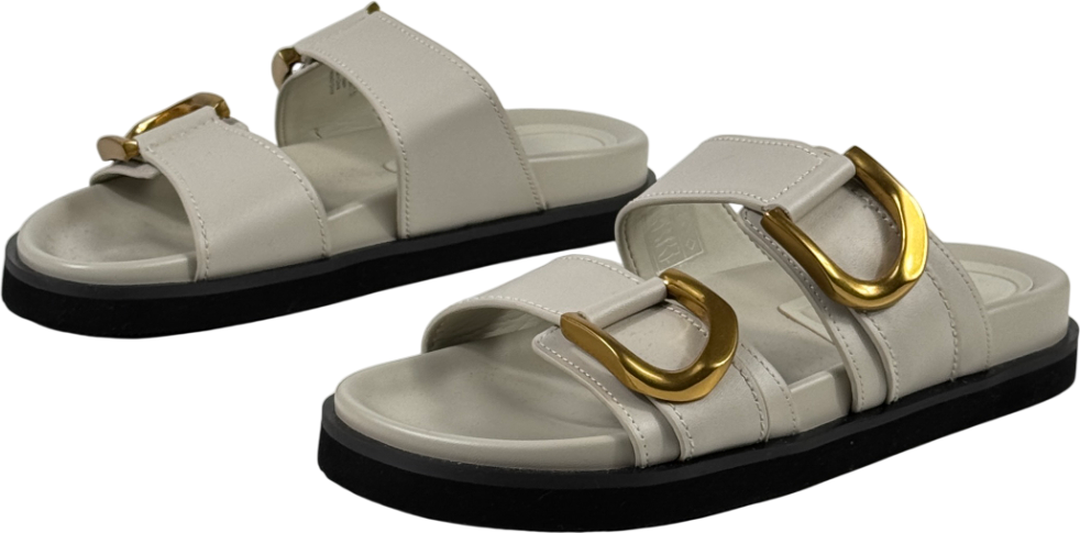 CHARLES & KEITH Gabine Buckled Leather Slides - Chalk Grey UK 6 EU 39 👠
