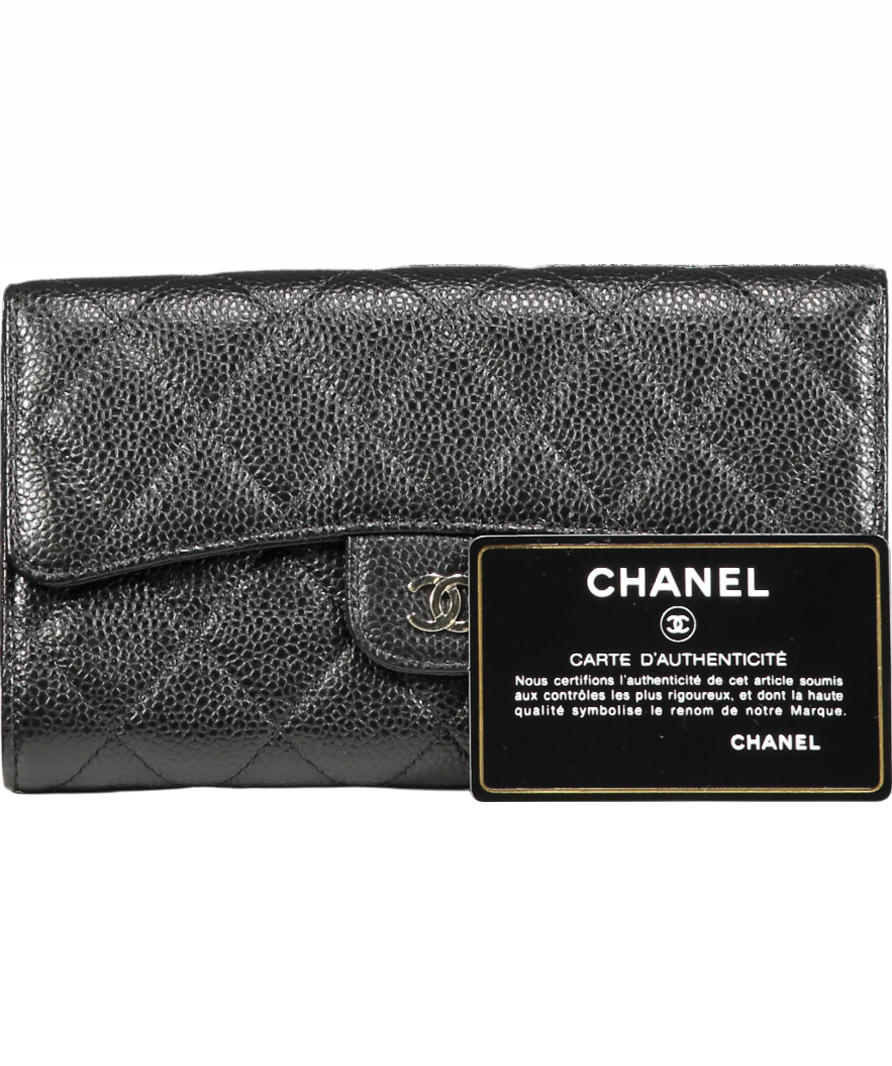 CHANEL Classic Long Flap Wallet in Black Caviar Leather with Silver Hardware