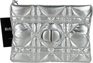 Christian Dior Metallic Cannage Silver Padded Makeup Pouch One Size
