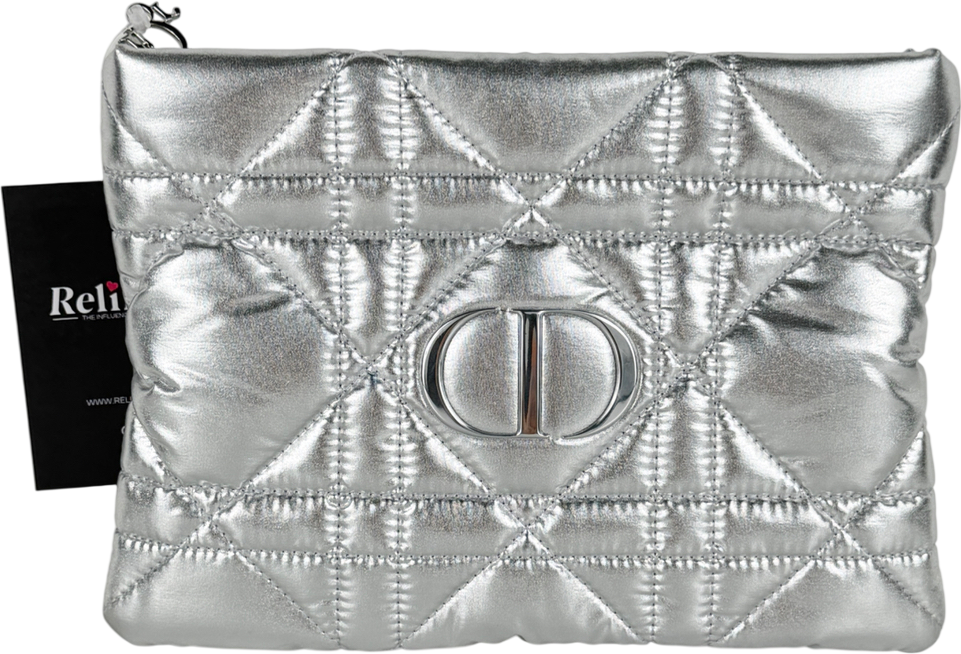 Christian Dior Metallic Cannage Silver Padded Makeup Pouch One Size