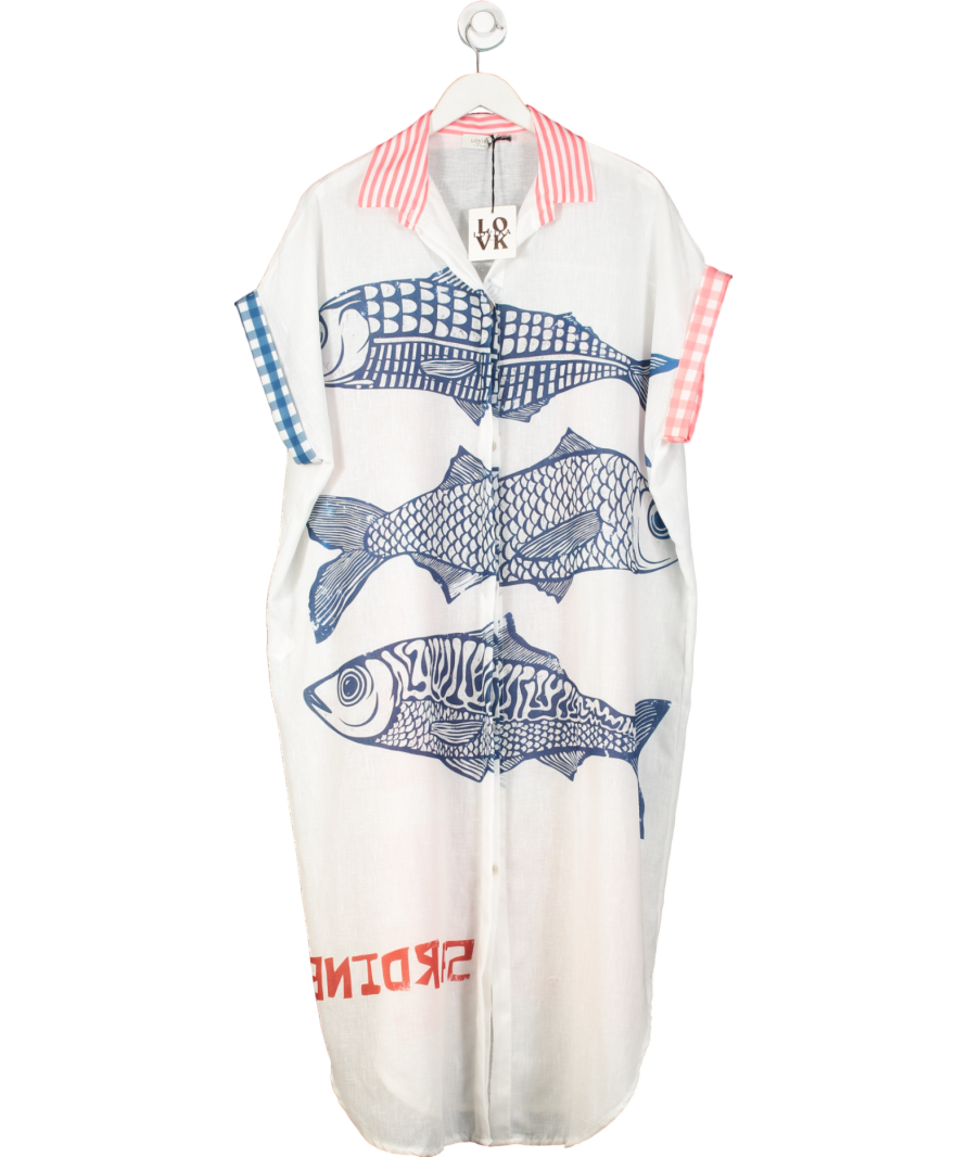 Lovika White Fish Shirt Midi Dress One Size