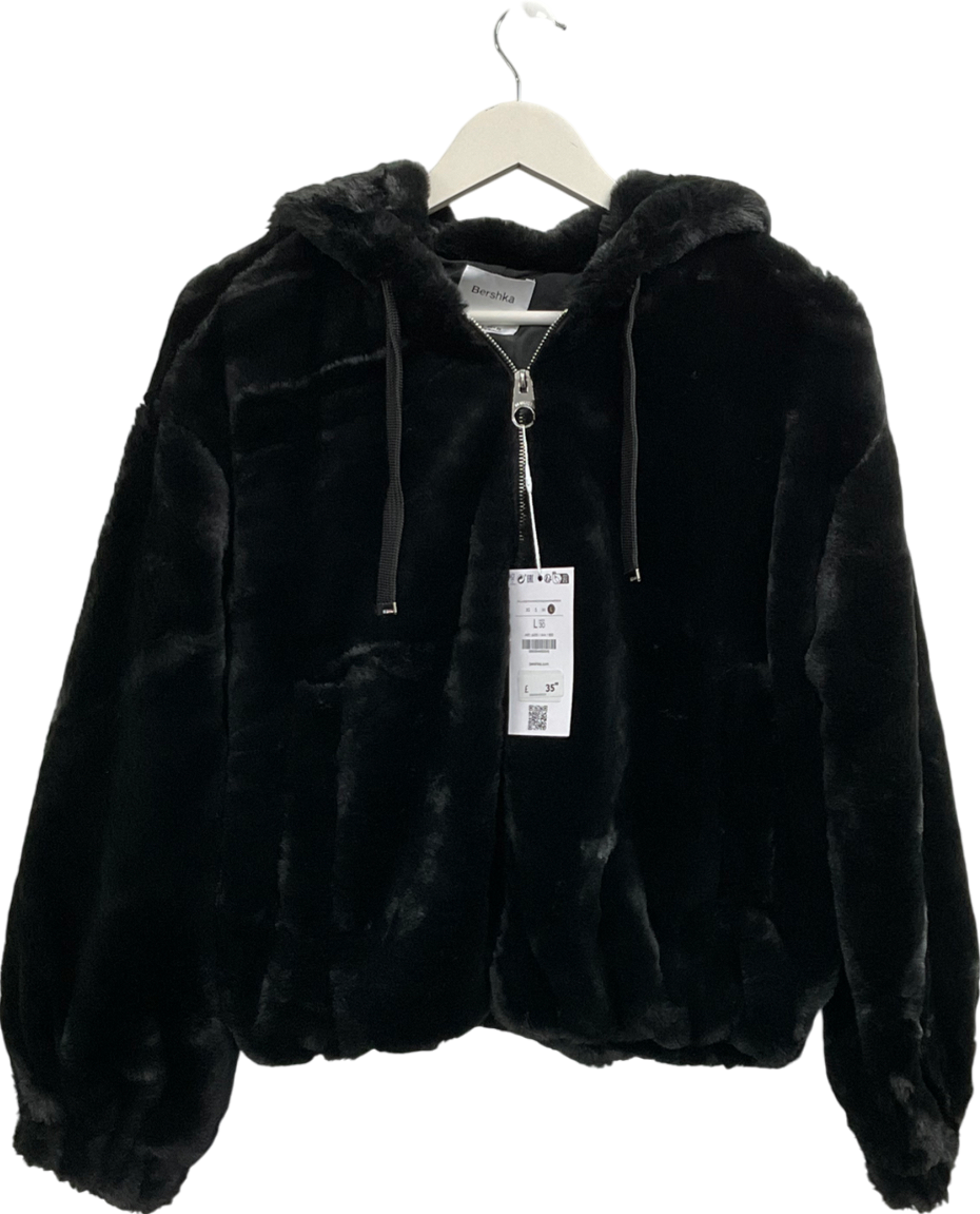 Bershka Black Faux Fur Hooded Jacket UK L