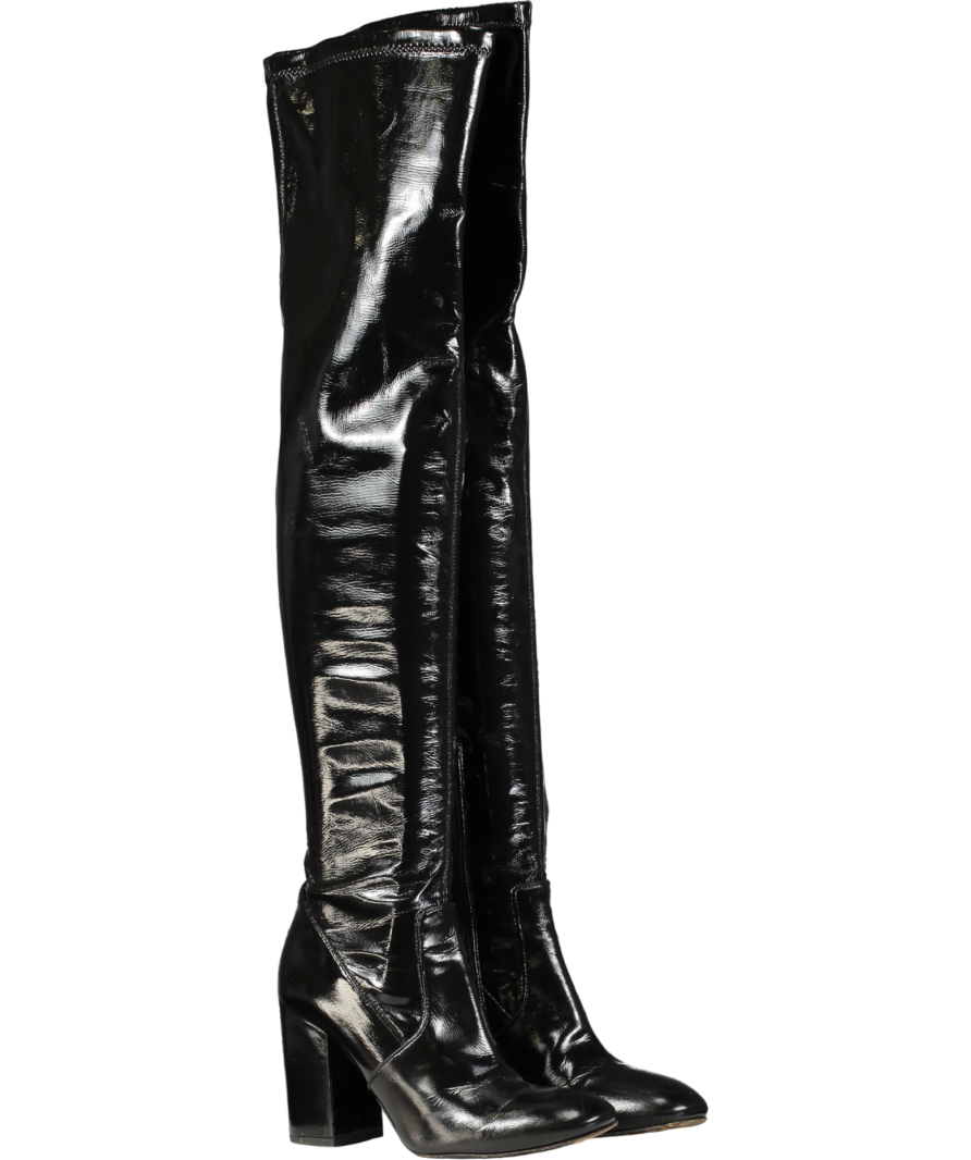 Pinko Black Patent Over The Knee Block Heel Boots UK 5 EU 38 👠
