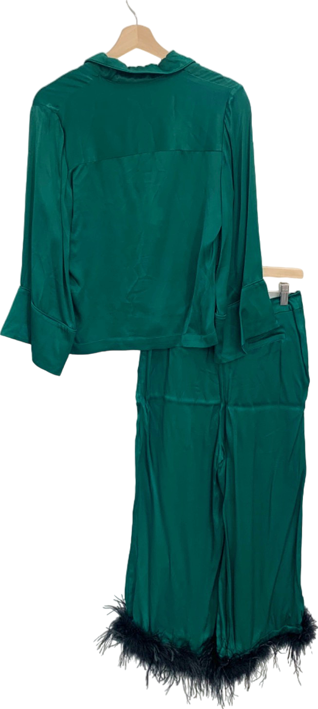 Kitri Green Satin Pyjamas with Feather Trim UK 8