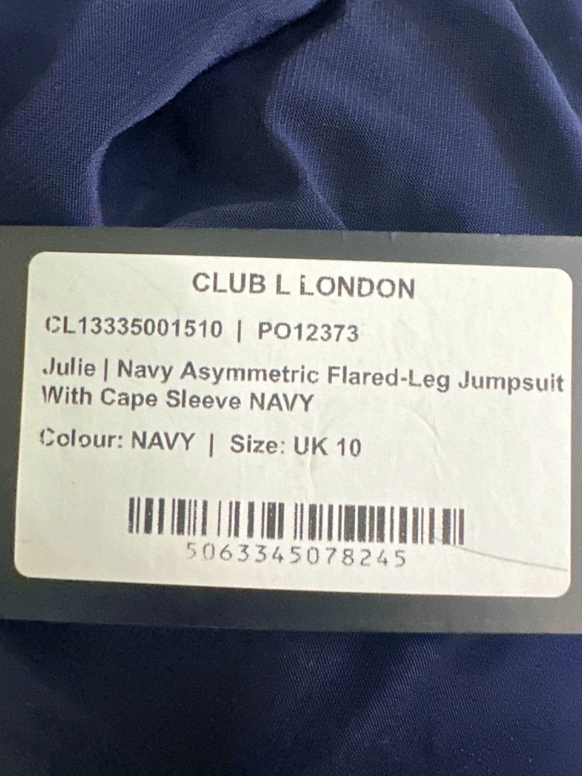 Club L London Navy Asymmetric Flared-Leg Jumpsuit With Cape Sleeve UK 10
