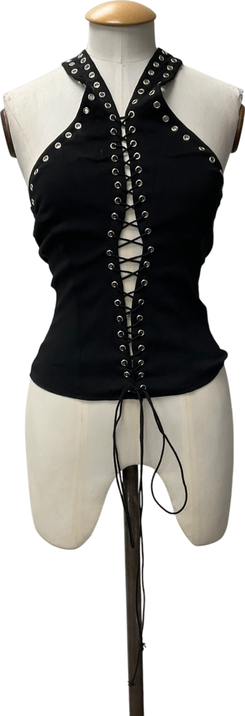 Ego Black Lace Up Detail Halterneck Top UK S