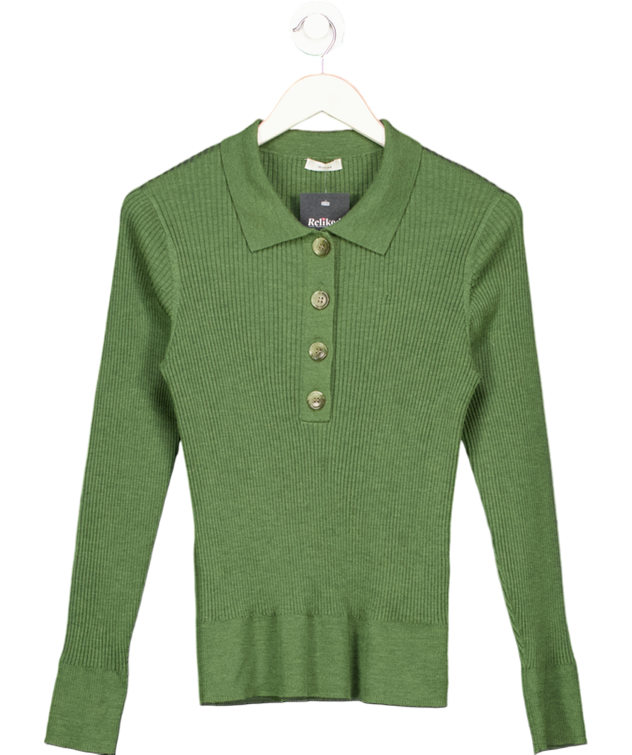 Iris & Ink Green Rib Knit Wool Blend Polo Top UK L