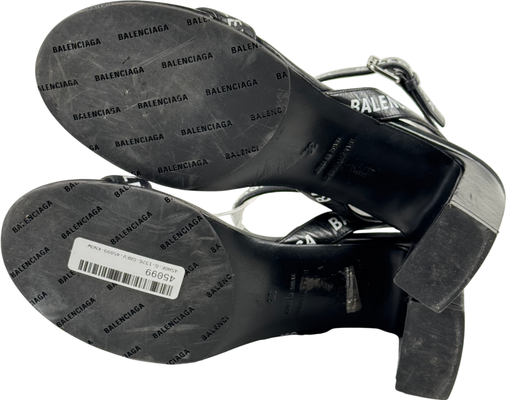 BALENCIAGA Black Logo-print Leather Heeled Sandals UK 5 EU 38 👠