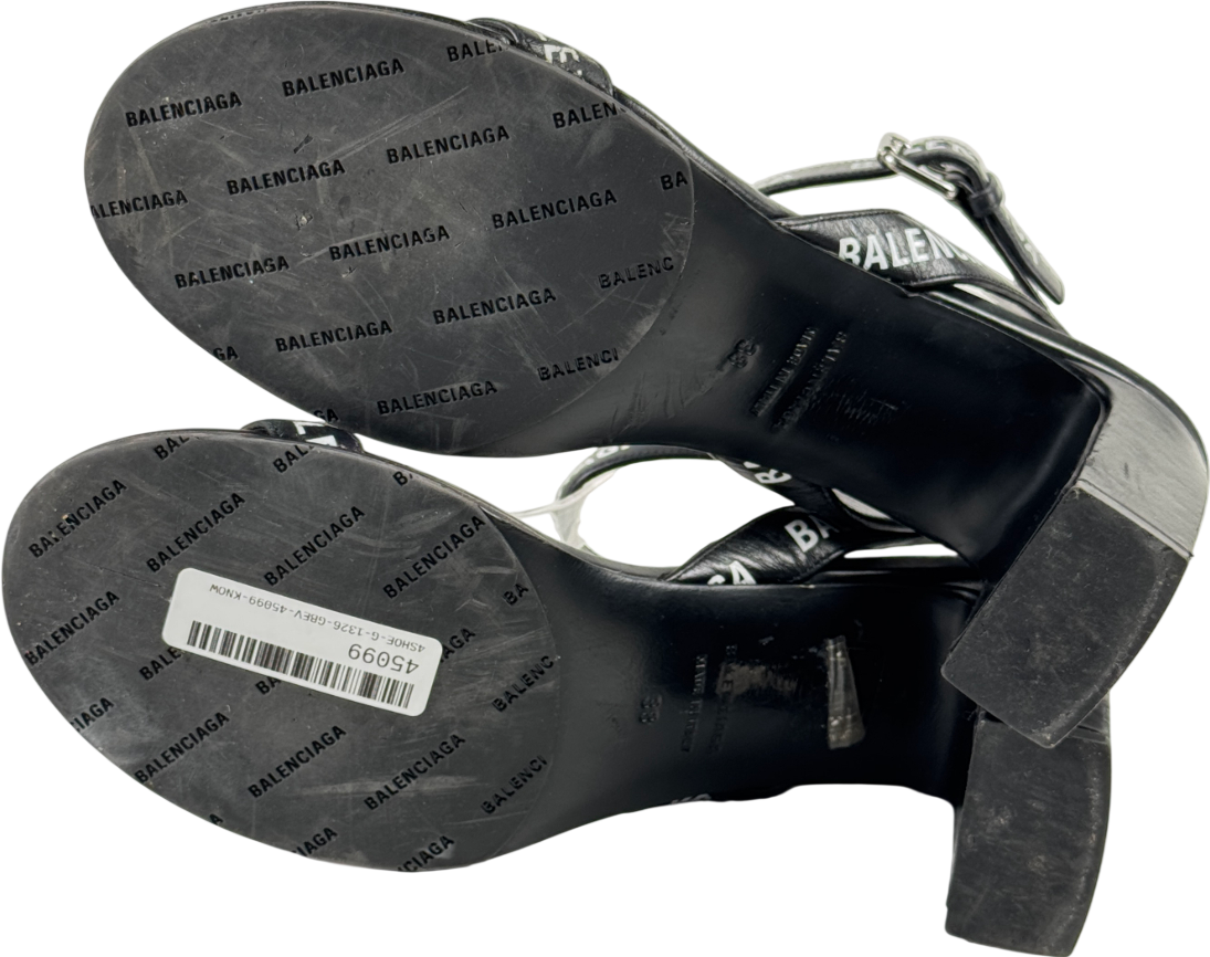 BALENCIAGA Black Logo-print Leather Heeled Sandals UK 5 EU 38 👠