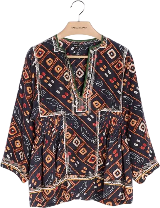 ISABEL MARANT Black 100% Silk Printed Notch Neck Top Fr40 UK 12