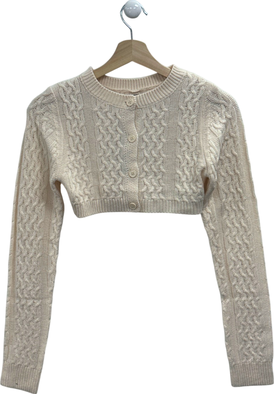 PrettyLittleThing Cream Cable Knit Cropped Cardigan UK S