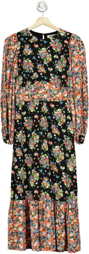 Boden Black Multi Floral Print Midi Dress UK 6