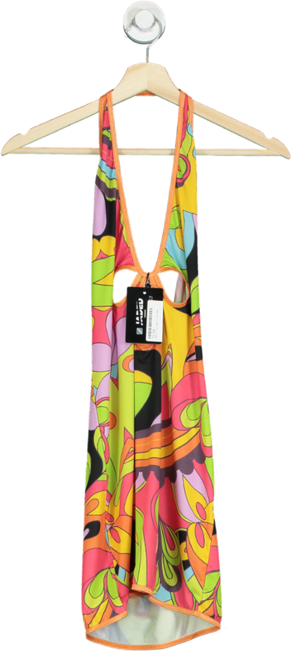 Jaded London Multi-coloured Retro Print Plunge Halter Mini Dress UK 10