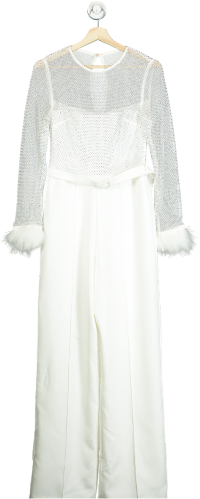 Lipsy White Feather Trim Jumpsuit UK 10