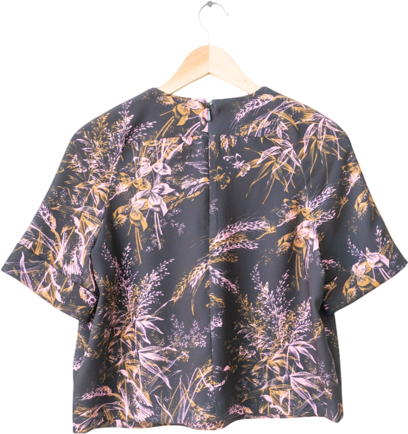 WHISTLES Navy Blue Floral Crepe Tee UK 8