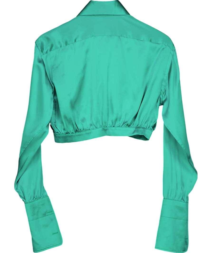 Woera Green 100% Silk Cropped Gathered Hem Shirt UK XS