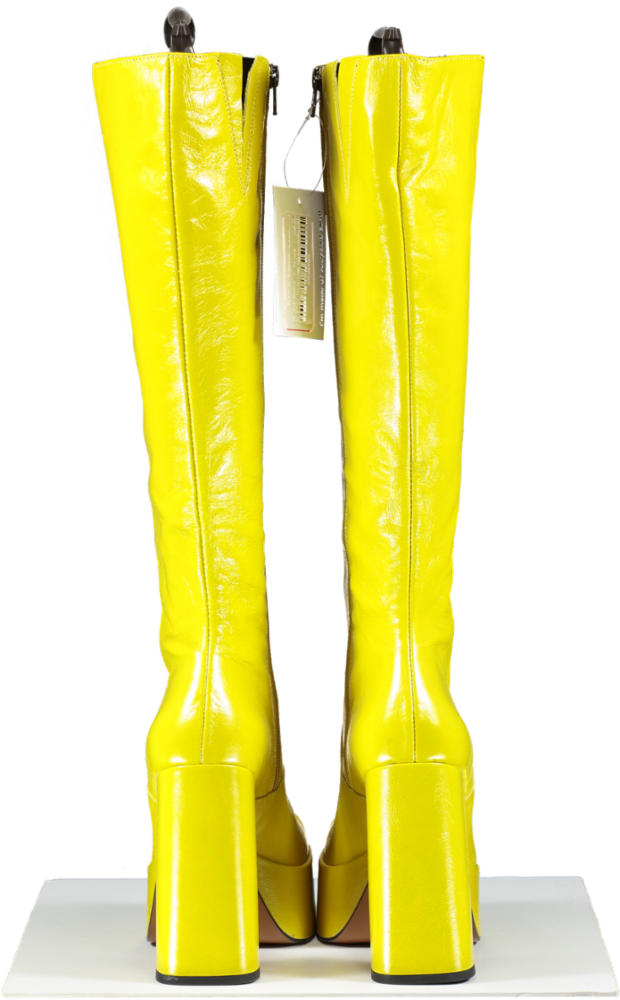 Karen Millen Yellow Khaki Leather Platform Knee High Boots UK 8 EU 41 👠