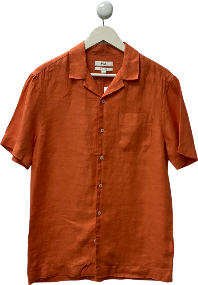 M&S Orange Pure Linen Print Shirt UK S