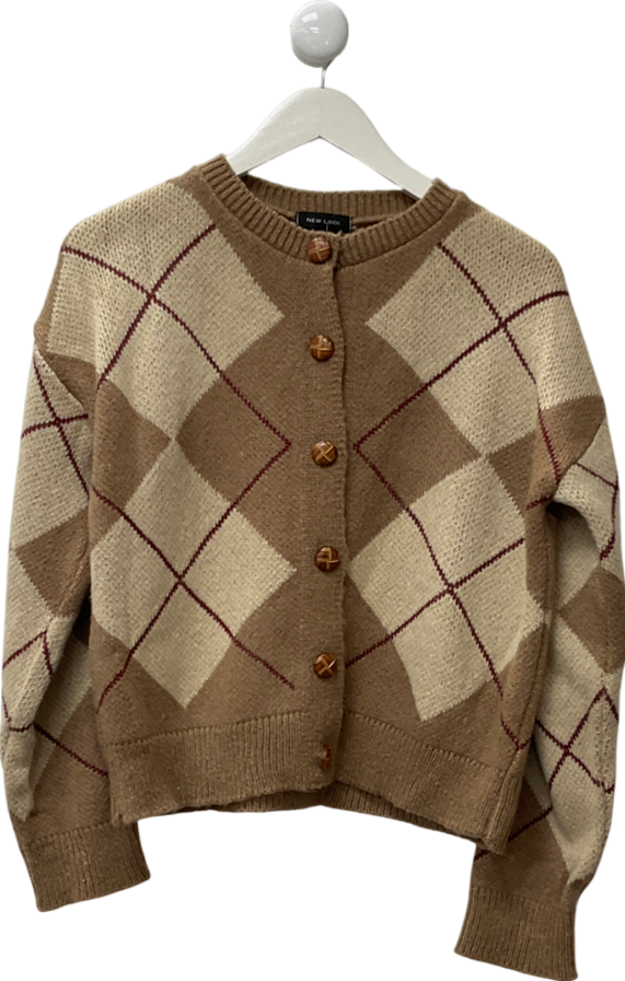 New Look Brown Argyle Knit Cardigan UK S