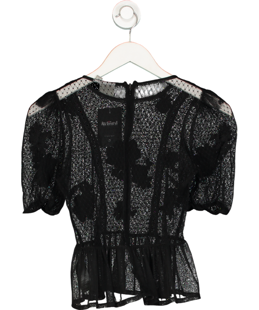 ASOS Black Sheer Lace Top With Floral Embroidering UK 8