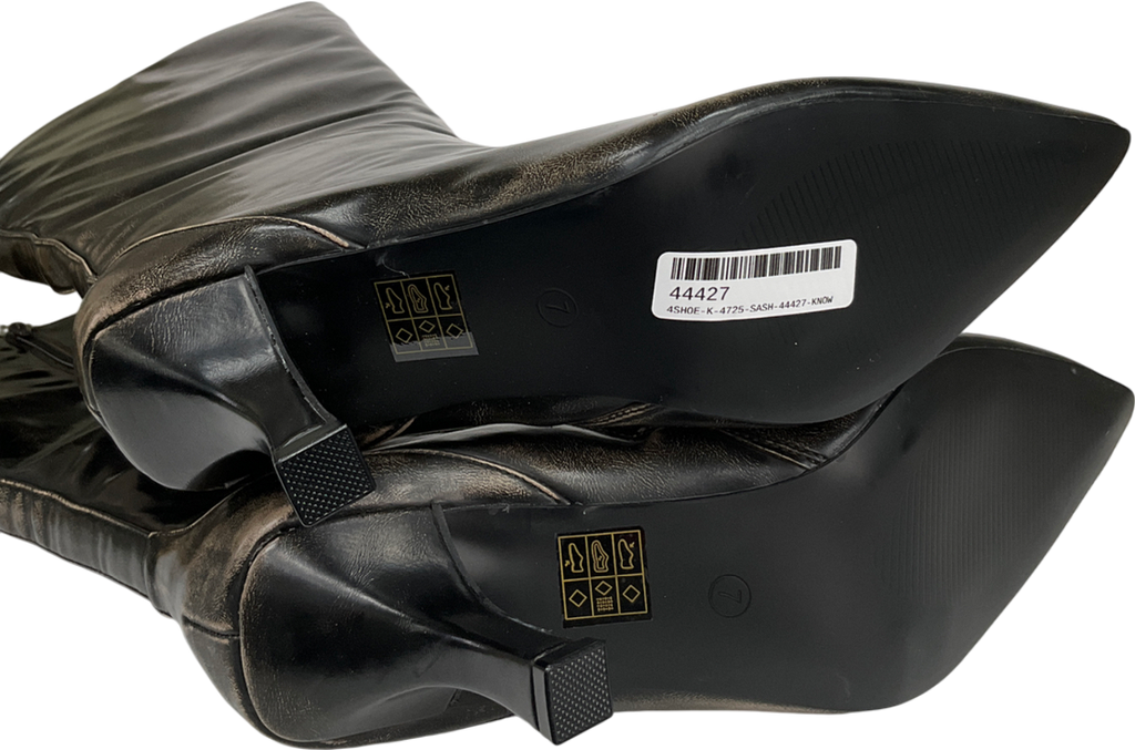 Public Desire Kitten Heel Straight Leg Knee Boots In Brown Distressed Pu UK 7 EU 40 👠