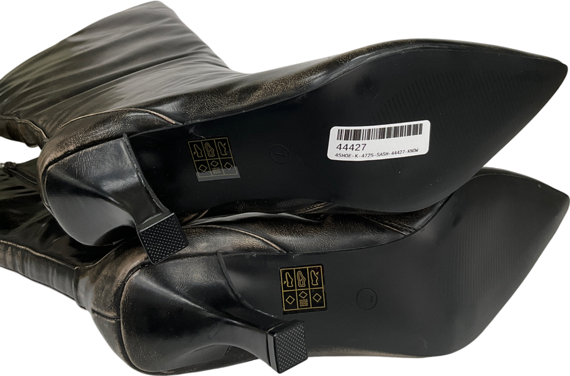 Public Desire Kitten Heel Straight Leg Knee Boots In Brown Distressed Pu UK 7 EU 40 👠