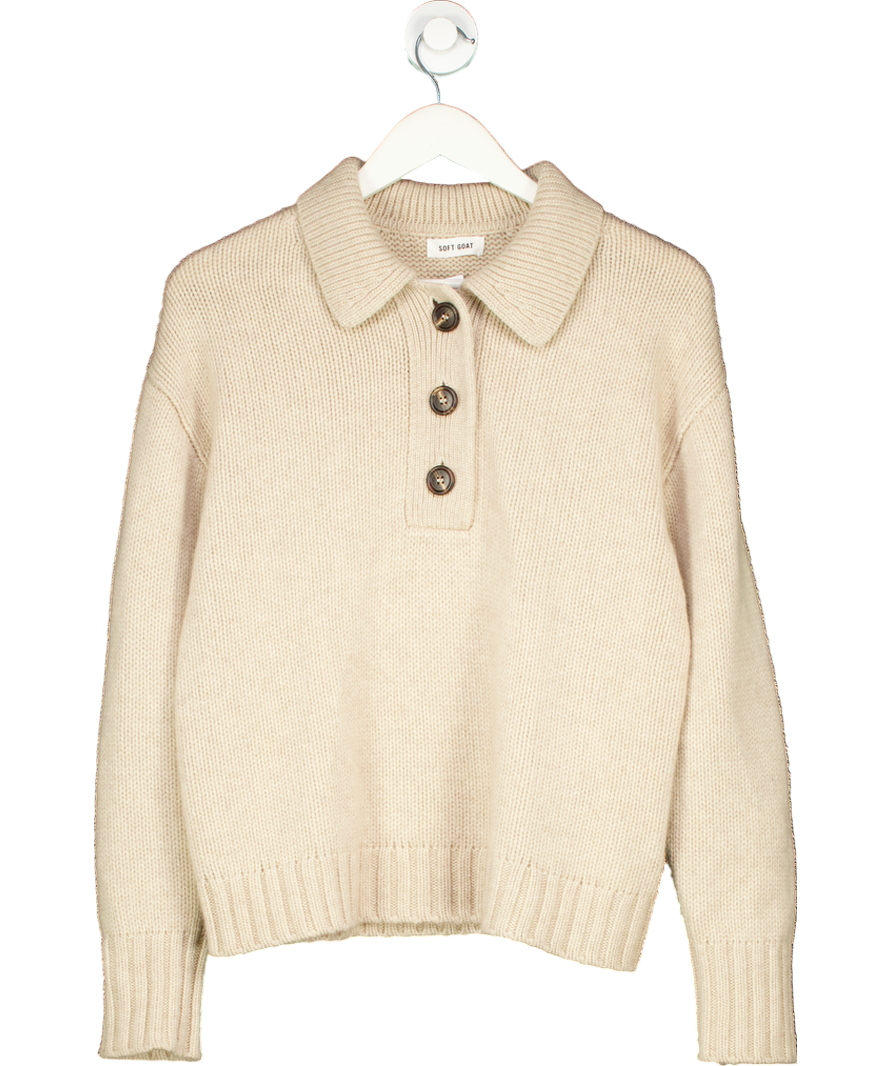 Soft Goat Beige 100% Cashmere Button Up Jumper UK S