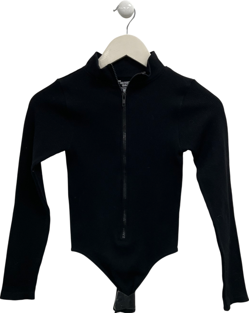 Black Ribbed Zip Front Bodysuit UK M