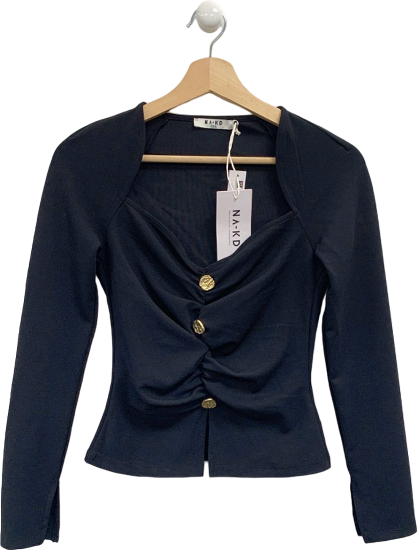 NA-KD Black Front Button Long Sleeve Top UK S
