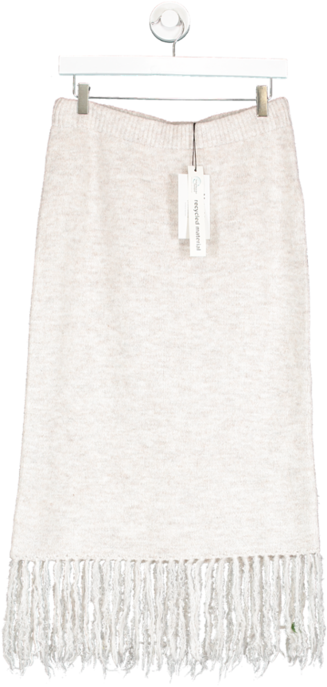 NA-KD Beige Knitted Fringe Detail Midi Skirt UK XS