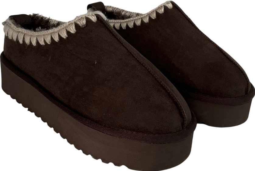 River Island Brown Suedette Faux Fur Platform Mules UK 4 EU 37 👠
