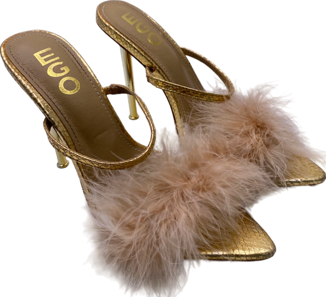 EGO Gold Faux Fur Feathered High Heels Sandals UK 5