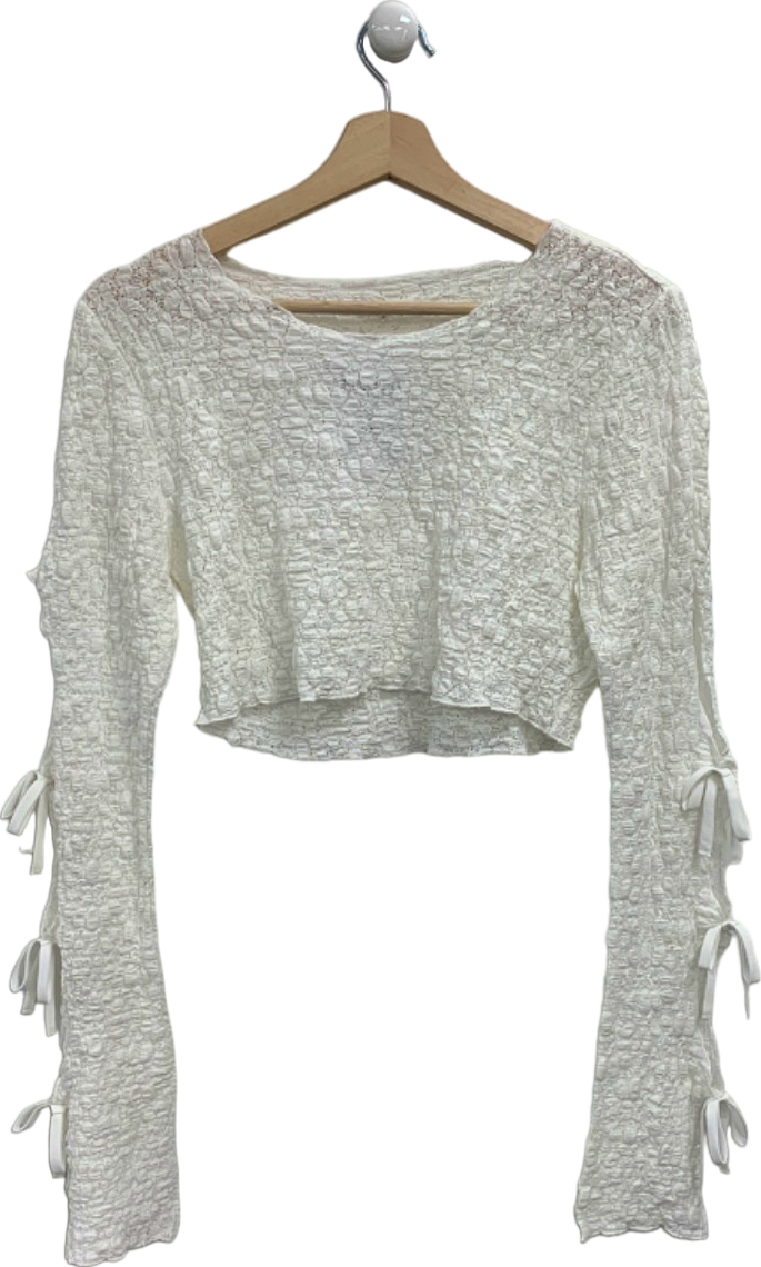 Tularosa White Textured Long Sleeve Top with Sleeve Bows UK S