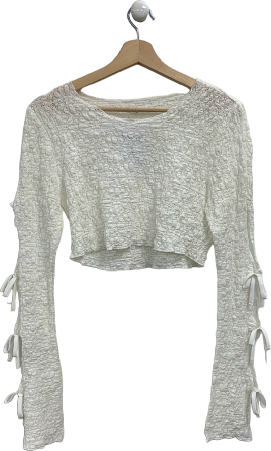 Tularosa White Textured Long Sleeve Top with Sleeve Bows UK S