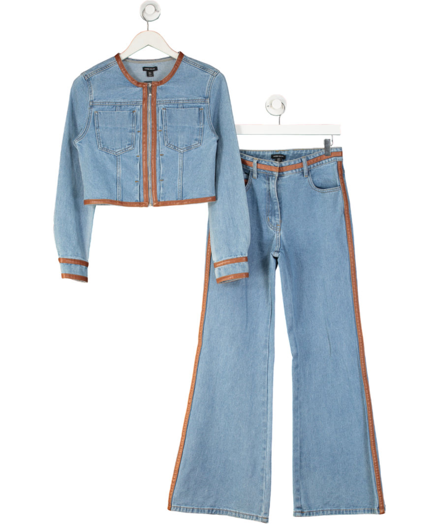 Karen Millen Blue Denim & Faux Leather Tipped Side Skinny Flare Jean And Cropped Jacket Set UK 6