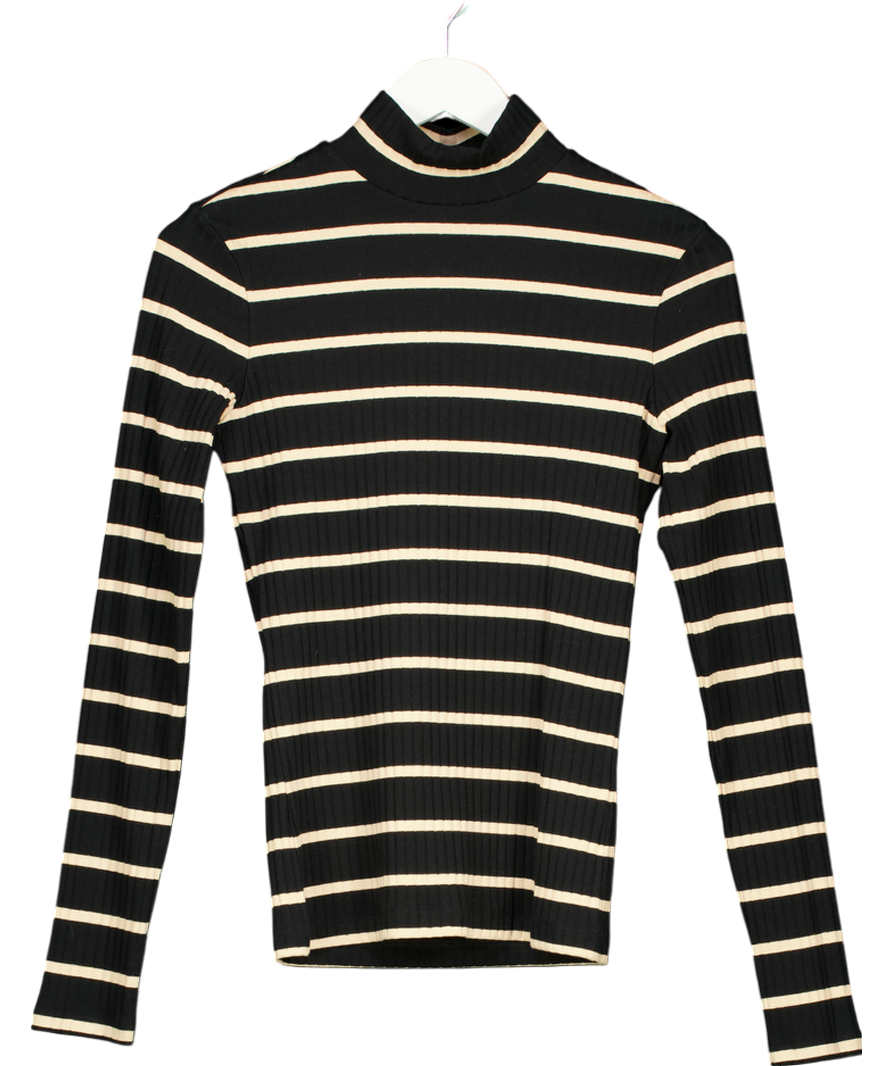 NINETY PERCENT Black Organic Cotton Ribbed Striped Roll Neck Top UK S