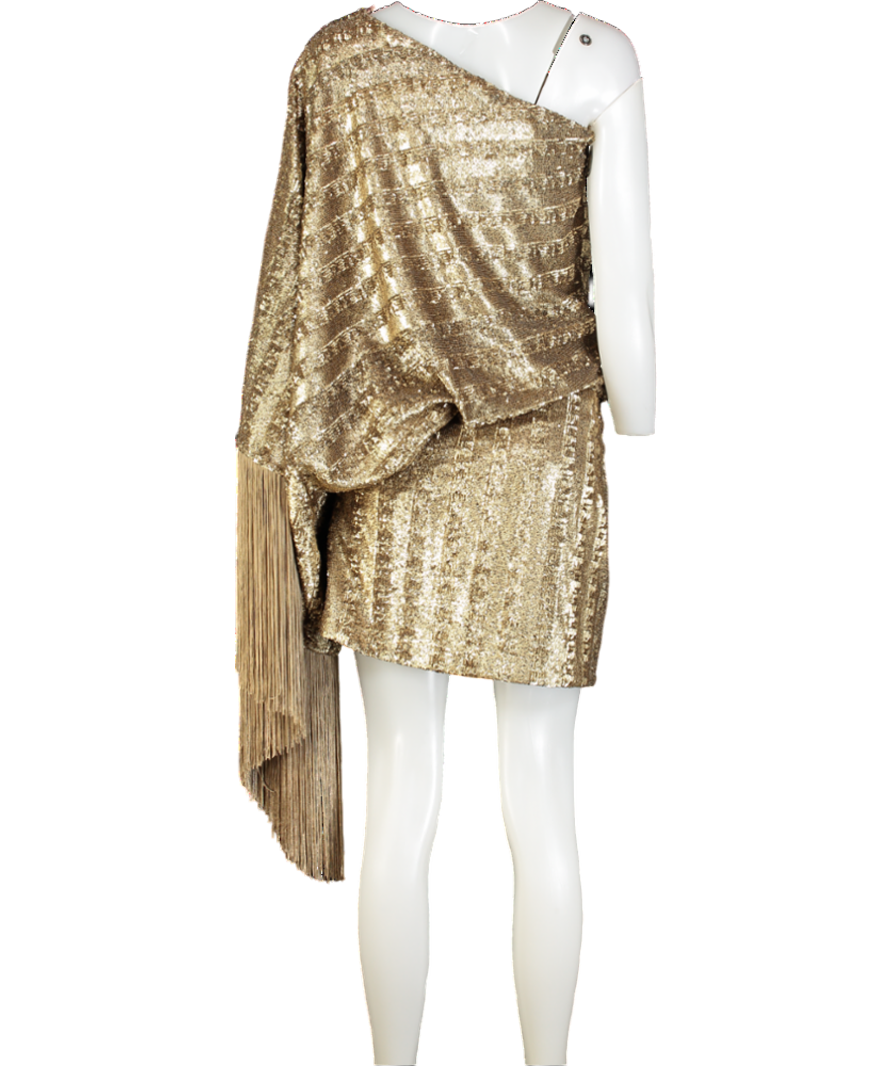 Taller Marmo Metallic Eternity One Sleeve Fringed Sequined Satin Mini Dress UK 8