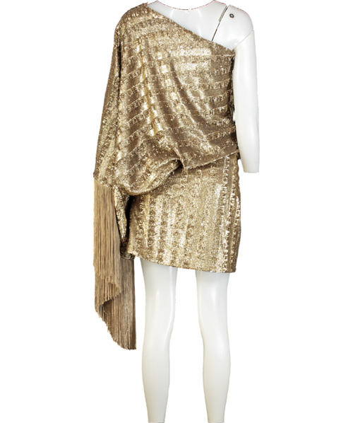 Taller Marmo Metallic Eternity One Sleeve Fringed Sequined Satin Mini Dress UK 8