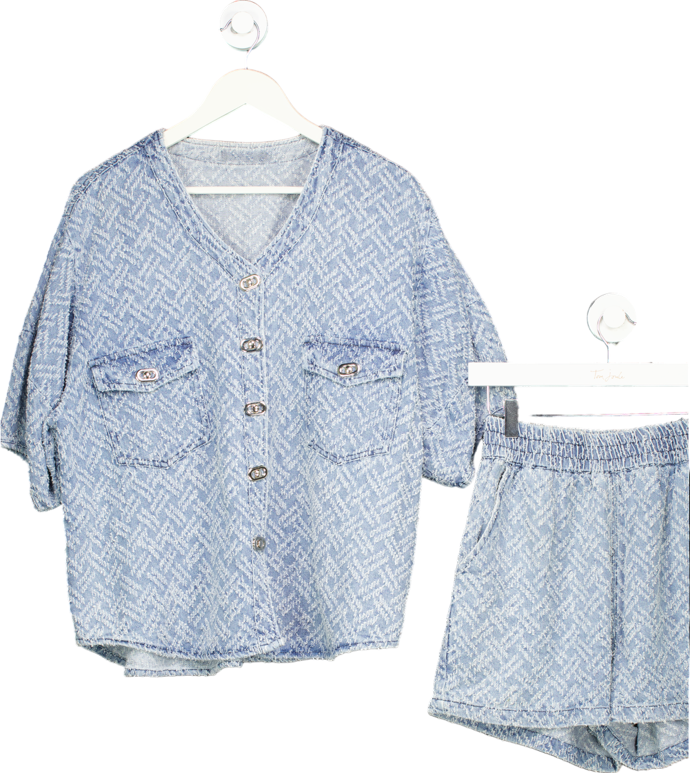 Blue Textured Button-Up Top and Shorts Set UK L