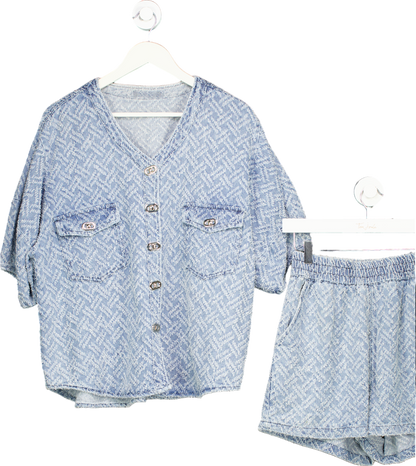 Blue Textured Button-Up Top and Shorts Set UK L