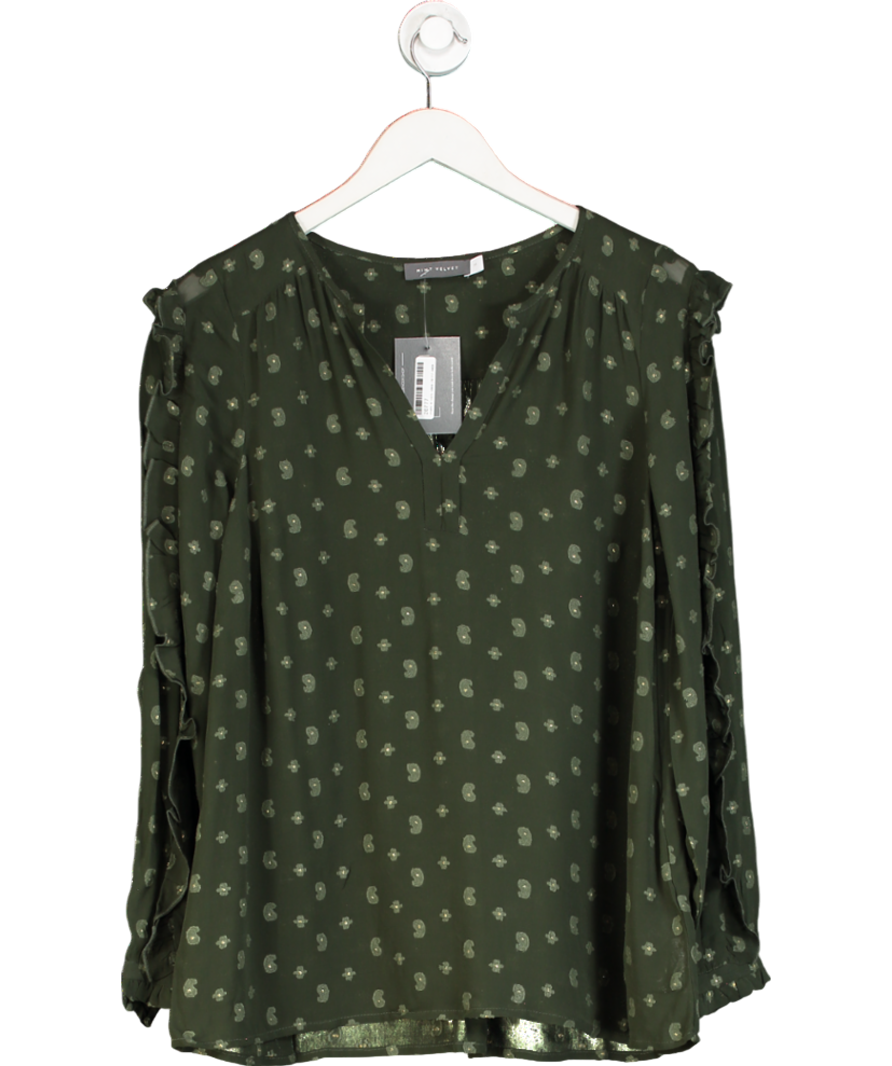Mint Velvet Green V-neckline Long Sleeved Blouse With Ruffled Detailing And A Subtle Floral Print UK M