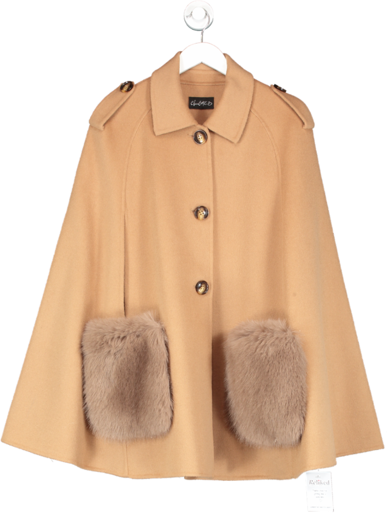 Charlotte B Brown Cashmere Cape With Faux Fur Pockets One Size