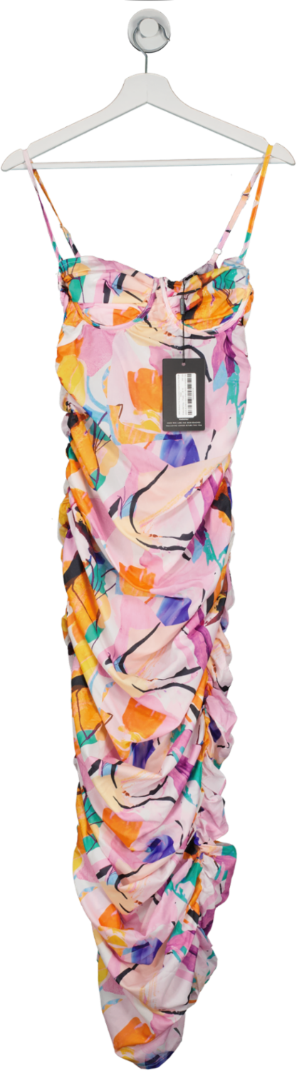 PrettyLittleThing Purple Multi Abstract Print Asymmetric Detail Ruched Midaxi Dress UK 10