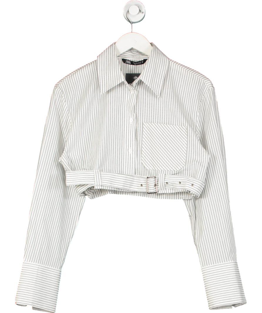 ZARA White Cropped Striped Shirt Blouse With Belt UK S