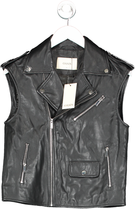 Oasis Black Sleeveless Real Leather Biker Jacket UK M