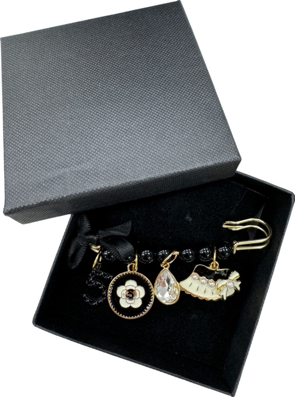 No.5 Black Charm Detail Brooch In Gift Box One Size
